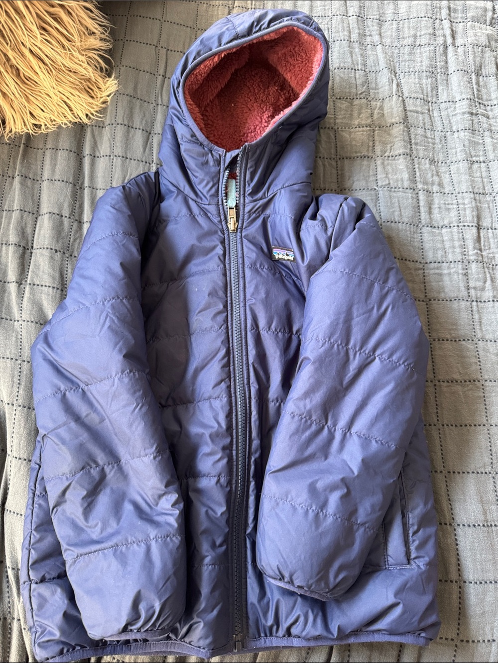 Kids Navy Blue Puffer Jacket with Pink/purple Sherpa Lining